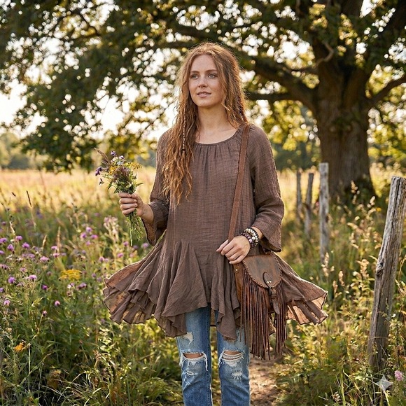 indigo soul Tops - Indigo Soul Tunic Shirt Womens Medium Brown Excellent Boho Ruffle Fairycore